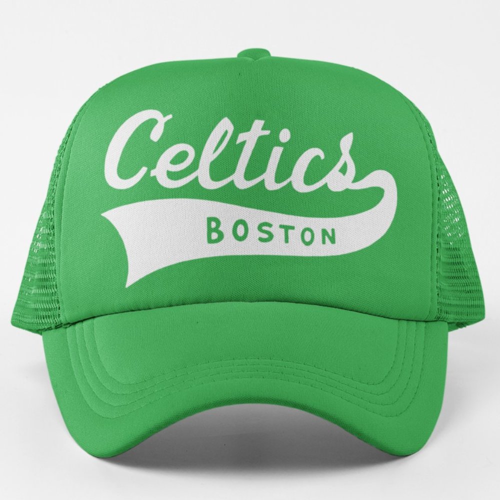 NEW Boston Celtics Baseball Script Swash Foam Trucker Mesh Snapback Hat GREEN